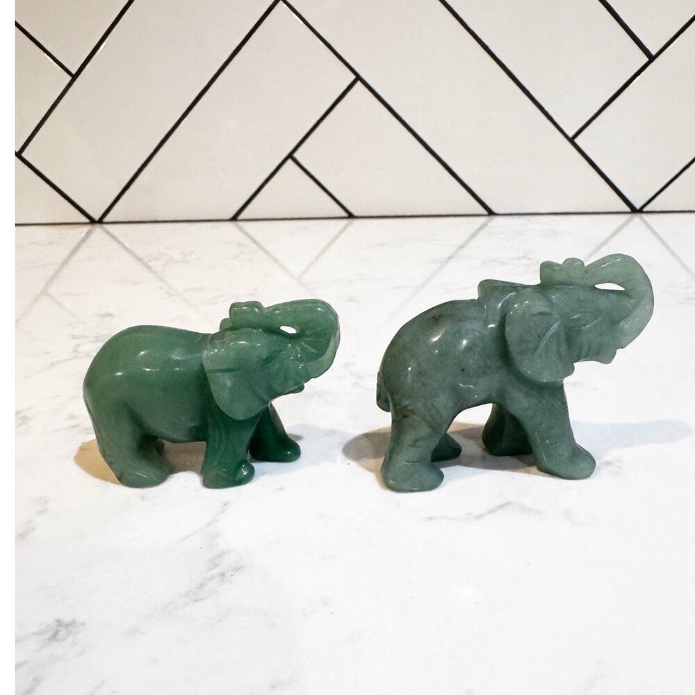 hand-carved green aventurine jade elephant figurines polished trunks turned up